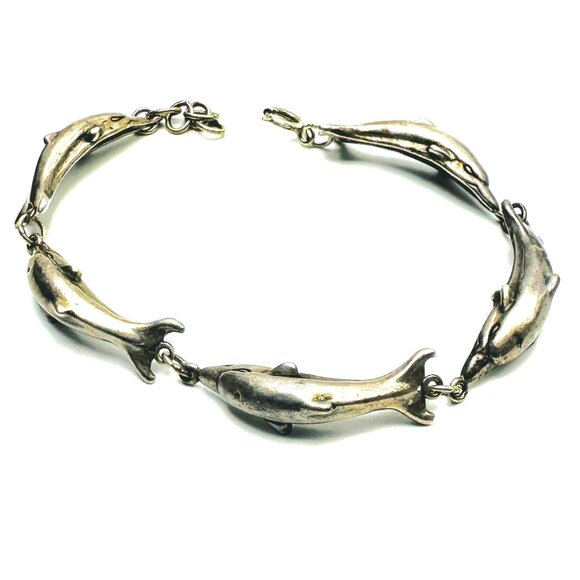 Vintage 70s Shube's Sterling Silver Dolphin Link Bracelet—Signed Statement Piece - Picture 1 of 13